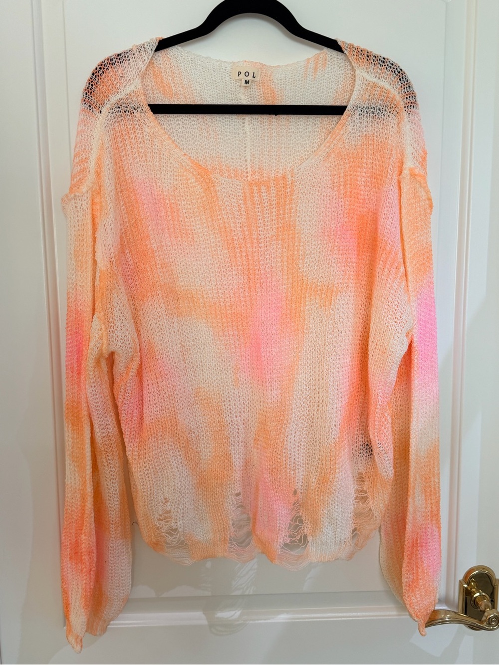 POL Lightweight Open-Knit Crew Sweater in Cream, Peach & Pink Wash